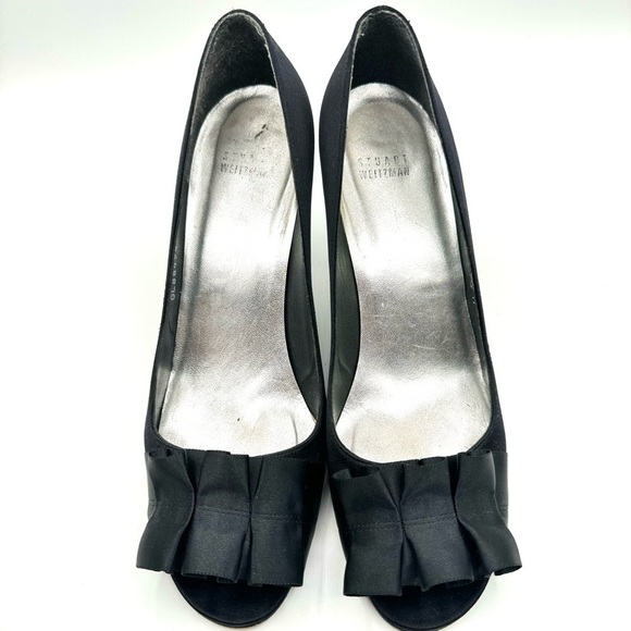 STUART WEITZMAN BLACK SATIN HEELS OPEN TOE HEELS RUFFLE DETAIL MADE IN SPAIN 9.5 - Picture 5 of 16